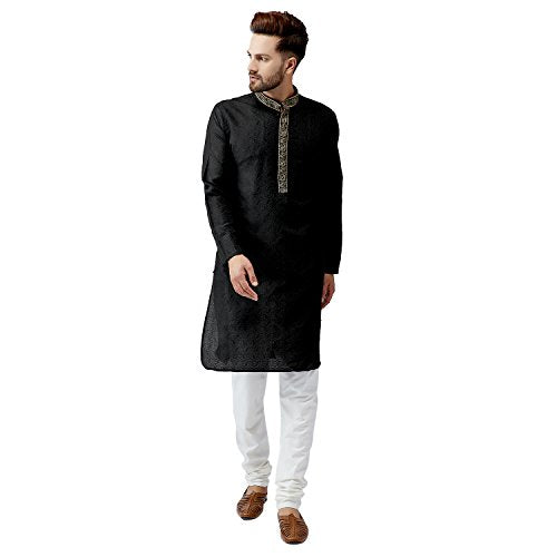 Sojanya (Since 1958 Men'S Teal Silk Blend Kurta Churidar Pyjama Set - color: Black and Off White, size: Large