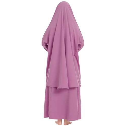 Kids Girls Muslim Islamic Two-piece Outfits Lace Long Sleeve Hijab Dress Abaya and Loose Skirt Full Cover Kaftan - color: Pink Purple, size: 3-4 Years