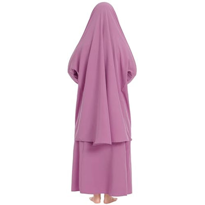 Kids Girls Muslim Islamic Two-piece Outfits Lace Long Sleeve Hijab Dress Abaya and Loose Skirt Full Cover Kaftan - color: Pink Purple, size: 3-4 Years