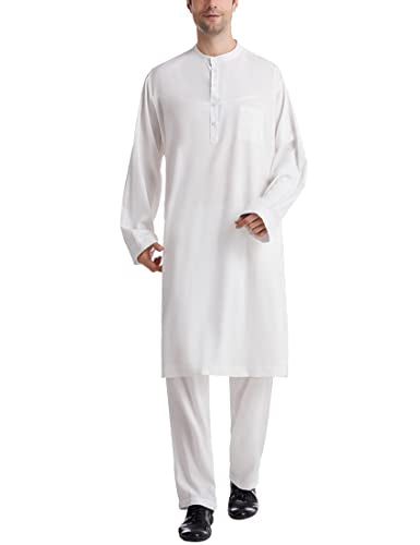 Thobe for Men Islamic Clothing Moroccan Kaftan Muslim Clothes 2 Piece Set - color: White-4, size: Large