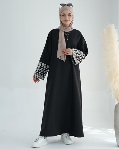 Embroidered Muslim Abaya Long Sleeve Dubai Dress Turkish Robe Zipper Maxi Dess Women Eid Clothes - color: Black, size: Medium