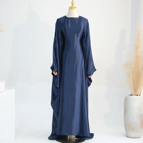 Muslim Dress Women Abaya Elegant Satin Prayer Dress Batwing Long Sleeve with Hijab Arab Islamic Dubai Ramadan Robe - color: Darkblue