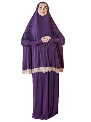 Women's Prayer Dress 2 Pieces Solid Color Plus Long Sleeve | One-Size | Hijab Abaya Suit - color: Purple