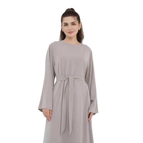 Women Abaya Dress with Belt Muslim Bell Sleeve Robe Islamic Prayer Jilbab | with Belt, A-line Skirt, Bell Sleeve - color: Taro Color, size: Medium