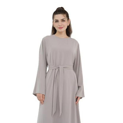 Women Abaya Dress with Belt Muslim Bell Sleeve Robe Islamic Prayer Jilbab | with Belt, A-line Skirt, Bell Sleeve - color: Taro Color, size: Large