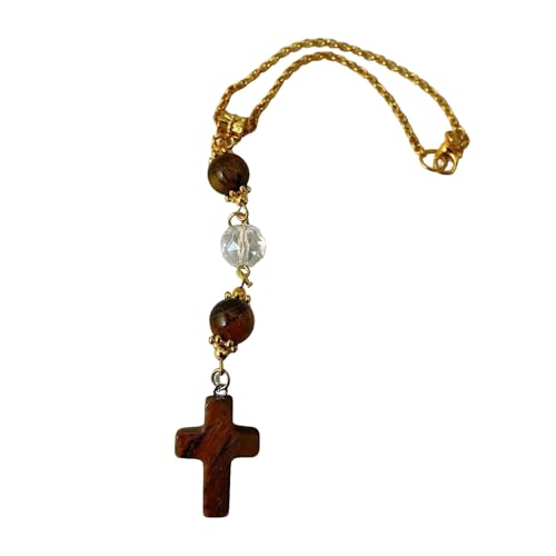 Car Rosary for Rearview Mirror, Brown Tiger Eye Cross Car Charm Hanging Ornament, Handmade Natural Stone Car Mirror Hanger, Boho Interior Decor Accessories (Brown) - color: Brown