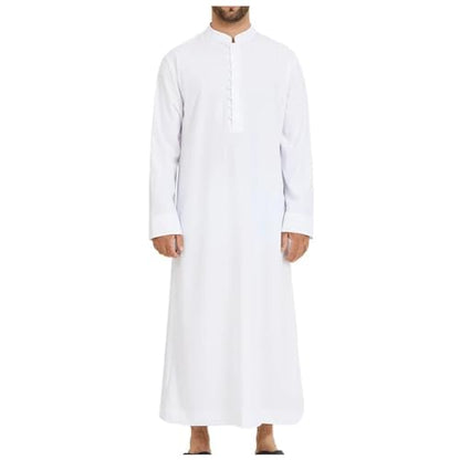 Men’s Muslim Islamic Thobe Robe Kaftan Long Sleeve Jubba Arabic Dubai Ethnic Prayer Gown with Pocket A19 - color: White, size: XX-Large