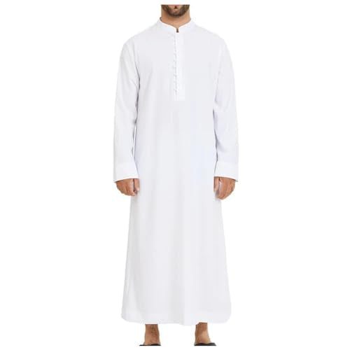 Men’s Muslim Islamic Thobe Robe Kaftan Long Sleeve Jubba Arabic Dubai Ethnic Prayer Gown with Pocket A19 - color: White, size: Large