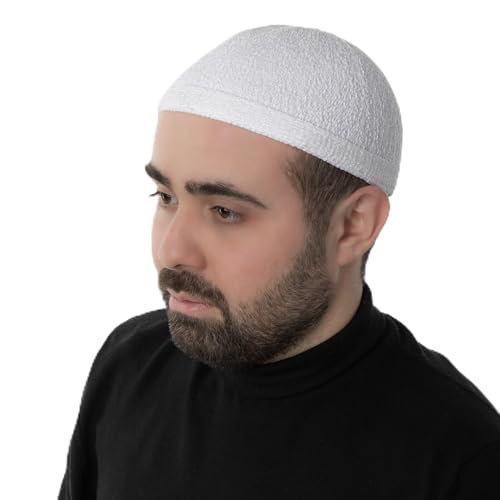 Modefa Islamic Prayer Kufi Hats for Men Chenille Knitted Stretchable Muslim Cap One-Size Fit - color: White