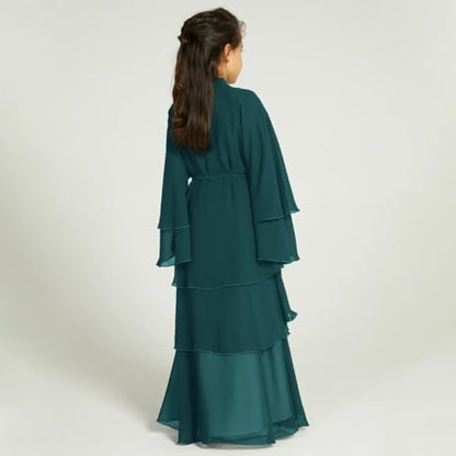 Chiffon layered Open Abaya Dubai Kaftan Muslim Cardigan Abayas Dresses For Girls Casual Robe Kimono Islam Clothing - color: Dark Green, size: 11-12 Years