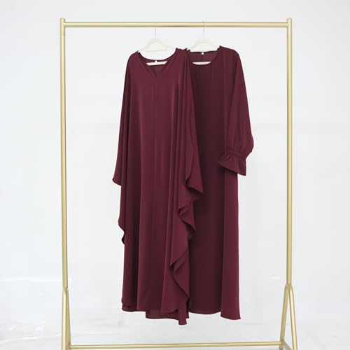 2PCS Women's Muslim Abaya Dress Lace Cuffs Islamic Dubai Prayer Robe Smooth Flowy Muslim Women Clothes - color: Wine Red, size: Medium