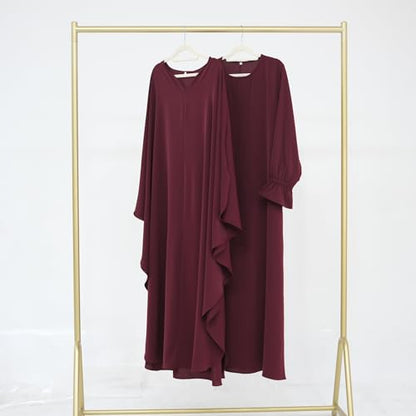 2PCS Women's Muslim Abaya Dress Lace Cuffs Islamic Dubai Prayer Robe Smooth Flowy Muslim Women Clothes - color: Wine Red, size: Medium