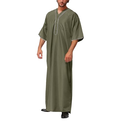 Thobe for Men Muslim Islamic Robe Kaftan Long Sleeve Jubba Arabic Dress Ramadan Eid Traditional Gown A14 - color: Green, size: Small