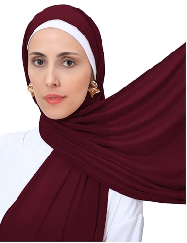 Heavy Not Easily See Through Long Chiffon Hijab Scarf for Women, Amazing Smooth Muslim Head Scarves - color: Wine Red