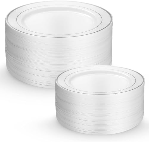 125 Piece Silver Dinnerware Party Set - 50 Silver Rim Plastic Plates, 25 Dinner 25 Dessert Plates, 25 Knives, 25 Forks, 25 Spoons - 25 Guest Disposable Set for Wedding Birthday Parties - color: Silver Rim