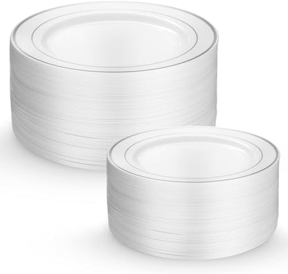 125 Piece Silver Dinnerware Party Set - 50 Silver Rim Plastic Plates, 25 Dinner 25 Dessert Plates, 25 Knives, 25 Forks, 25 Spoons - 25 Guest Disposable Set for Wedding Birthday Parties - color: Silver Rim