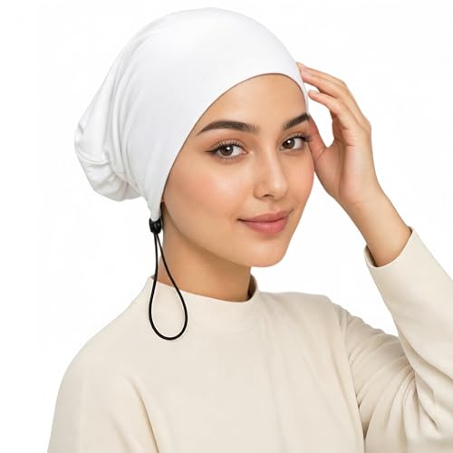 Women's Adjustable Elastic Drawstring Hijab Undercap, Soft Stretchy Jersey Underscarf Hijab Liner Hat - color: White
