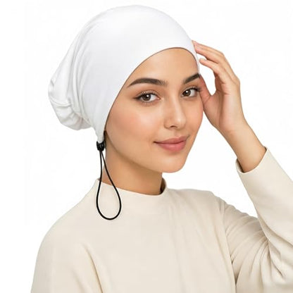 Women's Adjustable Elastic Drawstring Hijab Undercap, Soft Stretchy Jersey Underscarf Hijab Liner Hat - color: White