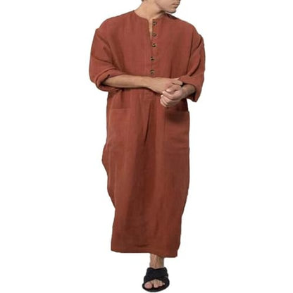 Linen Kaftan Thobe for Men Big and Tall Muslim Robe Long Sleeve Button Down Henley Neck Side Split Caftan with Pocket - color: Brown, size: 3X-Large