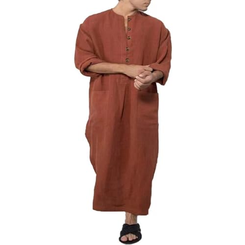 Linen Kaftan Thobe for Men Big and Tall Muslim Robe Long Sleeve Button Down Henley Neck Side Split Caftan with Pocket - color: Brown, size: 3X-Large