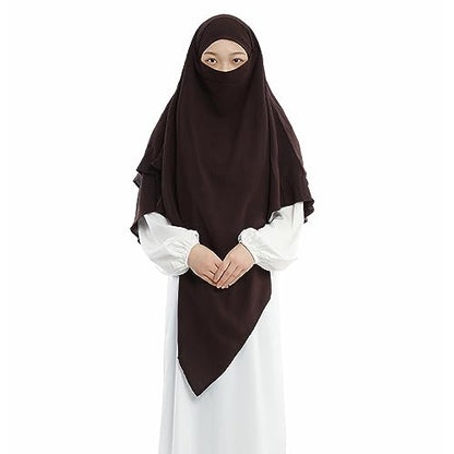 Khalat Muslim Prayer Hijab - 2 Layers Soft Breathable Islamic Dubai Women's Instant Long Hijab - color: Dark Brown