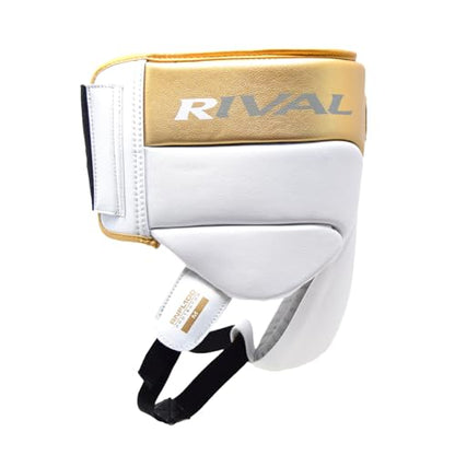 RIVAL Boxing RNFL100 Professional No-Foul Groin Protector with Laces, Dual Waist Straps, Ultra-Lightweight Construction, and Super-Rich Microfibre PU - color: White/Gold, size: Large