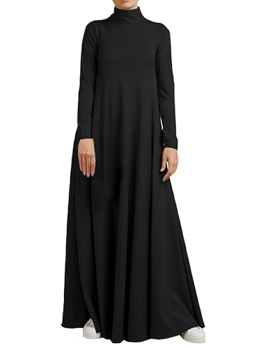 WSPLYSPJY Women Girls High Neck Long Sleeve Abaya Muslim Dress Solid Color Prayer Clothes Islamic Robe - color: Black, size: Small