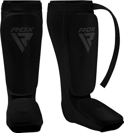 RDX Shin Guards Kickboxing Muay Thai, SATRA Approved, MMA Leg Instep Protection Pads, Sparring Training Martial Arts Boxing, Elasticated Padded Protector, Karate BJJ Taekwondo Gear, Men Women - color: Full Black, size: Small