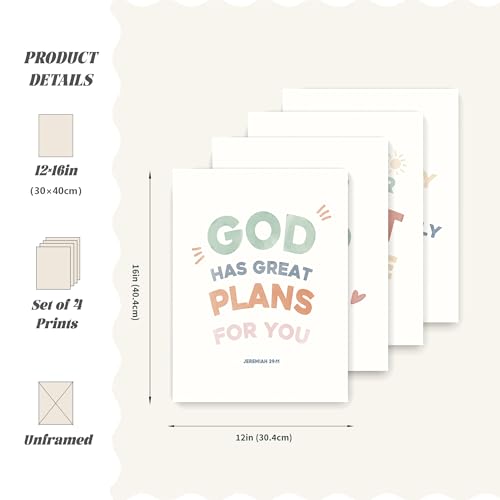 LARTSFRO Bible Christian Boho Wall Art Decor Posters Prints, Inspirational Bible Verses Room Bedroom Bathroom Playroom Dorm Wall Art Decor Aesthetic for Nursery Baby Kids Teen Girls Gifts, Christian Classroom Wall Decor, 12x16 Inch Set of 4 Pcs Pictures (