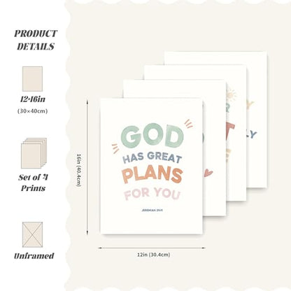 LARTSFRO Bible Christian Boho Wall Art Decor Posters Prints, Inspirational Bible Verses Room Bedroom Bathroom Playroom Dorm Wall Art Decor Aesthetic for Nursery Baby Kids Teen Girls Gifts, Christian Classroom Wall Decor, 12x16 Inch Set of 4 Pcs Pictures (