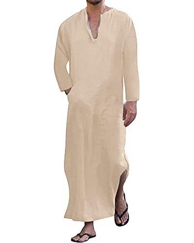 YAOHUOLE Men's Kaftan Thobe Long Sleeve Men Thobe Robe Side Split Men Thobe with Pockets Casual Thobe - color: Khaki-long Sleeve, size: Medium