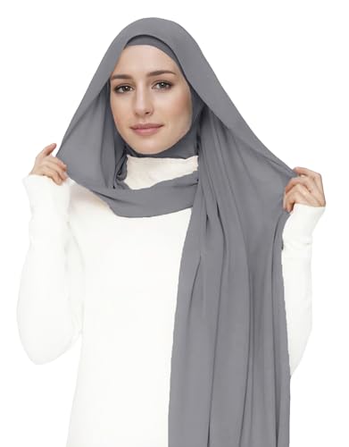 Lina & Lily Flowy Chiffon Instant Hijab Scarf Attached Jersey Ninja Undercap Full Coverage for Muslim Women - color: Dark Gray
