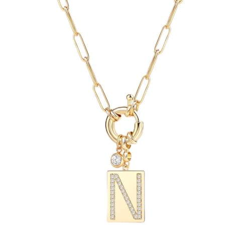 Mint & Lily Gold Initial Necklace for Women – 18K Gold Plated 24” Paperclip Chain with Sparkling Letter Pendant - style: Letter: N