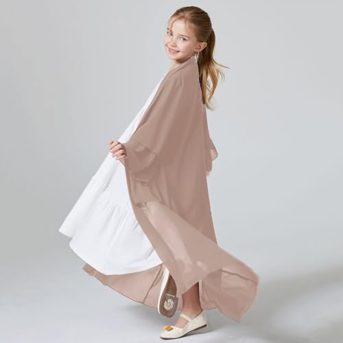 Kids Abaya Dress for Girls Muslim Dress with Hijab Chiffon Layered Open Front Cardigan Ramadan Eid Kaftans Dubai Outfit - color: Light Brown, size: 5-6 Years