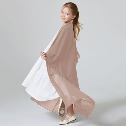 Kids Abaya Dress for Girls Muslim Dress with Hijab Chiffon Layered Open Front Cardigan Ramadan Eid Kaftans Dubai Outfit - color: Light Brown, size: 5-6 Years