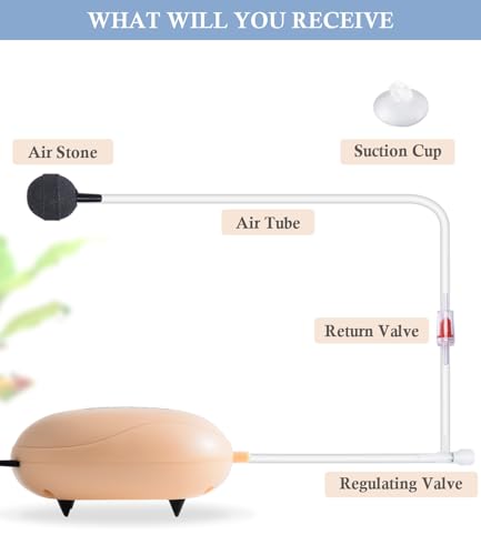 Mini Aquarium Air Pump, Quiet Fish Tank Oxygen Pump with Single Outlet, Aquarium Air Bubbler with Complete Accessories for up to 20gallon Fish Tanks, Betta Tanks, Shrimp Tanks