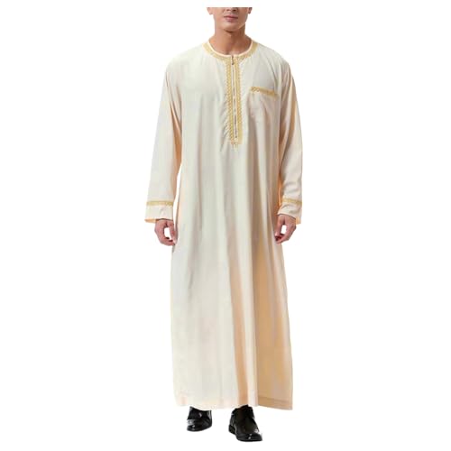 Jubba for Men Embroidered Stand Collar Long Sleeve Muslim Thobe with Pockets Loose Breathable Lightweight Tunic Gown - color: 01#_beige, size: Large