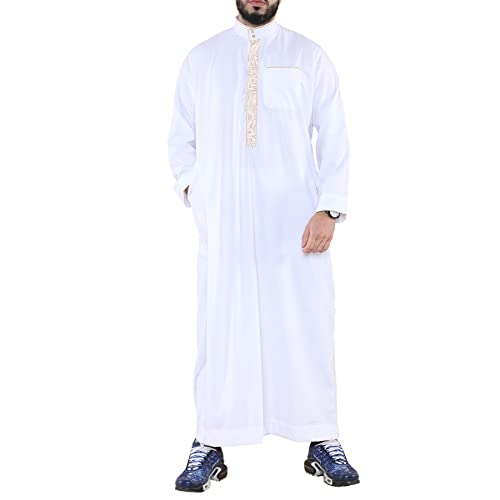 Mens Thobe Jubba Nehru Stand Collar Islamic Clothing Muslim Cotton Kaftan Embroidery Eid Robe Saudi - color: White, size: Large