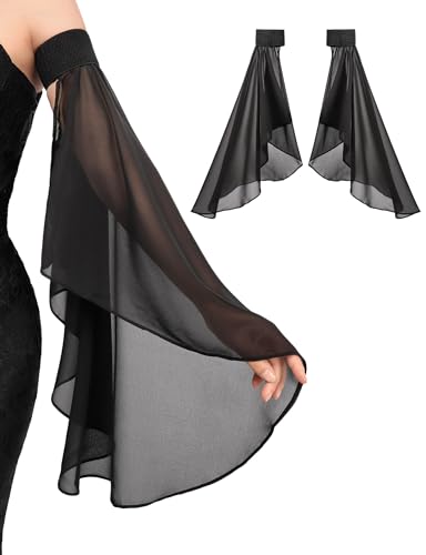 DAZCOS Victorian Long Tulle Sleeves for Women Chiffon Detachable Gloves for Wedding Dress Halloween Party Pageant - color: Black-02