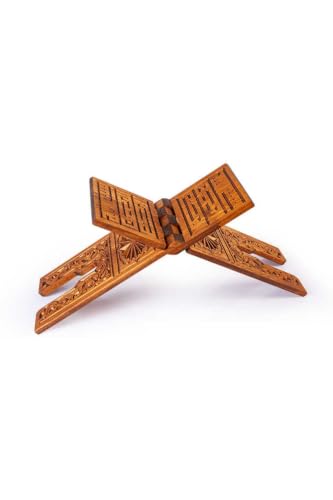 Carved Wooden Rehal (Medium Size - 22 inches) | Seljuk Design CNC Carving | Solid Red Pine Wood | Teak Oil Treated for Durability | Foldable Quran Reading Stand for Home or Mosque - Brown