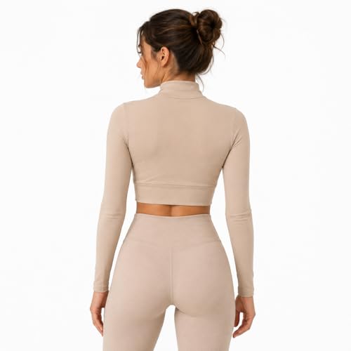 AMAL Muslim Arm Hijab Cotton Cropped Bolero Top for Women, Long Sleeve Mock Neck Modest Layering Shrug - color: Beige, size: Large
