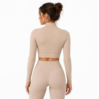 AMAL Muslim Arm Hijab Cotton Cropped Bolero Top for Women, Long Sleeve Mock Neck Modest Layering Shrug - color: Beige, size: Large