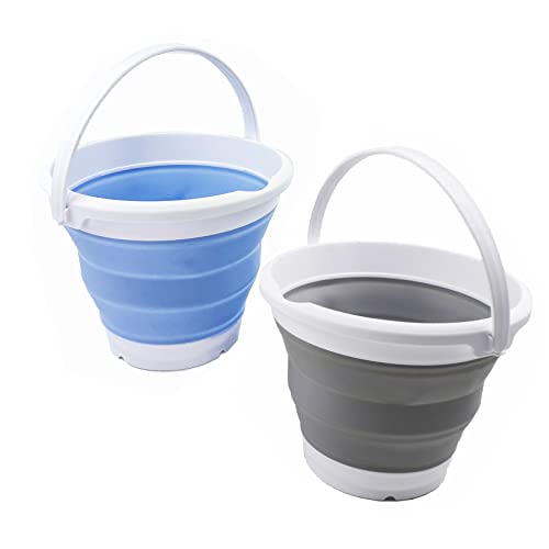 SAMMART 5.5L (1.4 Gallon) Collapsible Plastic Bucket - Foldable Round Tub - Portable Fishing Water Pail - Space Saving Outdoor Waterpot (Grey + Baby Blue (Set of 2)) - color: Grey + Baby Blue (Set of 2)