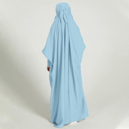 ODIZLI Muslim One Piece Prayer Hijab Dress Women Hooded Abaya Full Cover Islam Dubai Modest Robe - color: Light Blue Kids, size: 8-9 Years