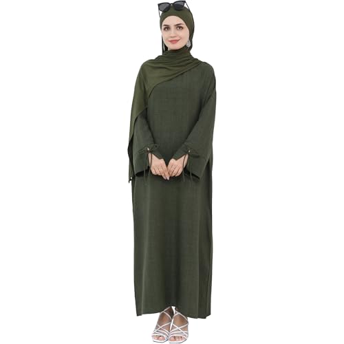 Women 1PC Abaya Dress Simple Kaftan Eid Dress for Women Muslim Casual Robe Fashion Jilbab Dubai Travel Outfits - color: Army Green, size: Medium