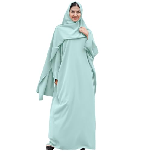IDOPIP Abayas for Women Muslim Dress with Hijab, One-Piece Long Sleeve Islamic Prayer Dress with Khimar Jilbab Kaftan Clothes - color: Green + Hijab