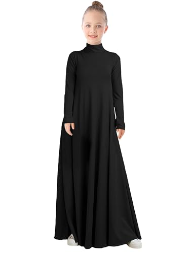 WSPLYSPJY High Neck Kids Girls Abaya Dress Solid Color Muslim Robe Prayer Clothes with Pockets - color: 블랙., size: 9-10세