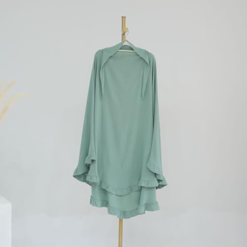 Boedaty Ramadan Eid Prayer Garment Long Khimar Hijab Scarf Wrap with Flounces Abaya Jilbab Muslim Islam for Women - color: Light Green1
