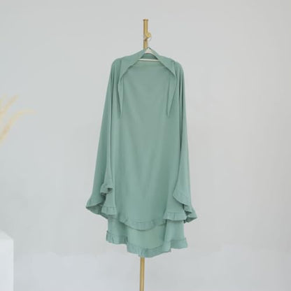 Boedaty Ramadan Eid Prayer Garment Long Khimar Hijab Scarf Wrap with Flounces Abaya Jilbab Muslim Islam for Women - color: Light Green1