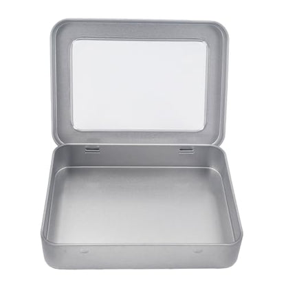 Rectangle Metal Tins with Hinged Window Lids, Silver, 24 Pieces | Hinged Window Lids, Mini Storage Organizer Set, For Home Kitchen, Office and School Supplies - color: Silver